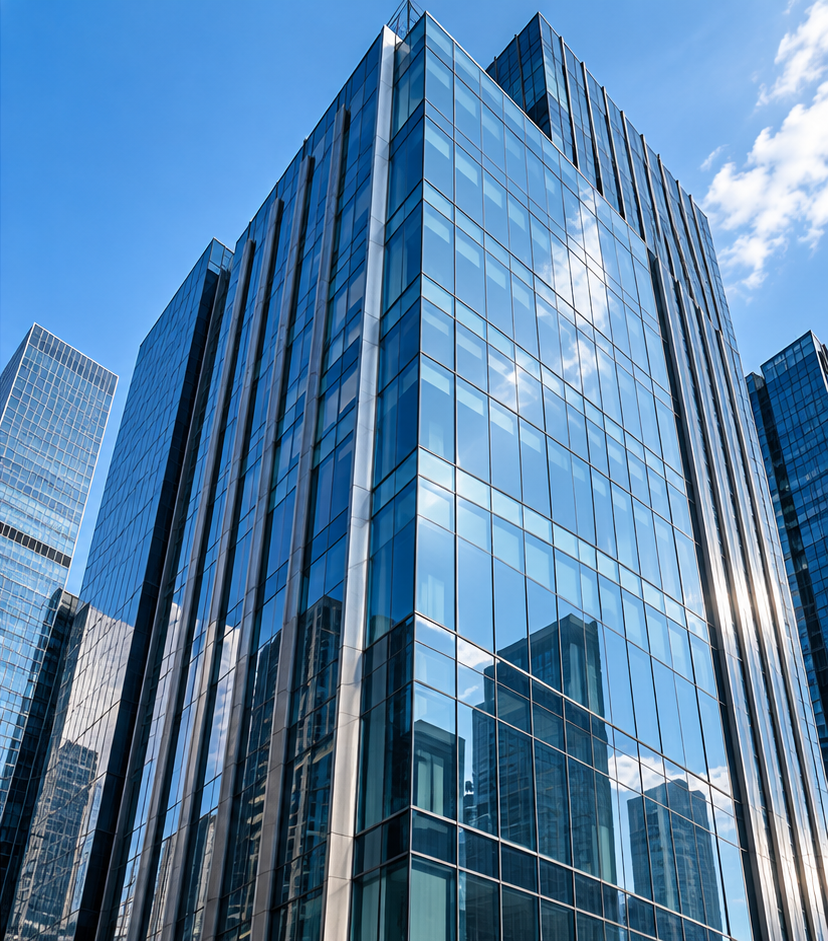Illustrative image: modern commercial tower with a glass curtain wall