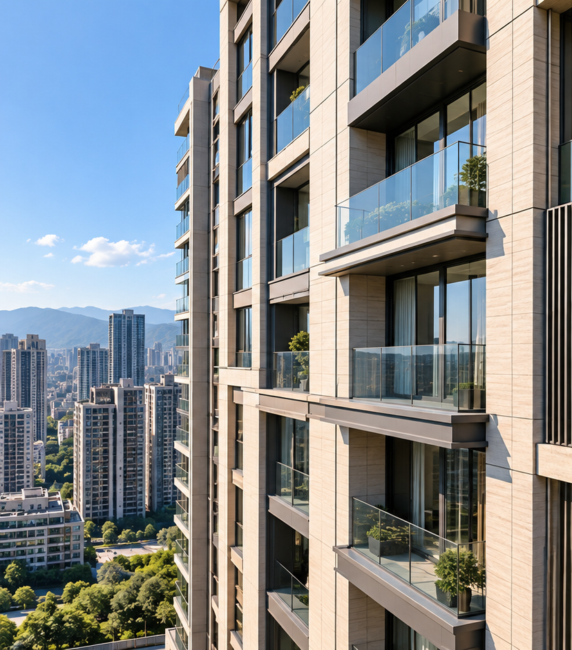 Illustrative image: modern residential high-rise with stone-clad facade and glass balconies