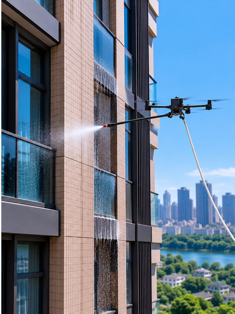 Illustration: a drone with a spray lance and a ground-fed hose cleaning the same type of facade